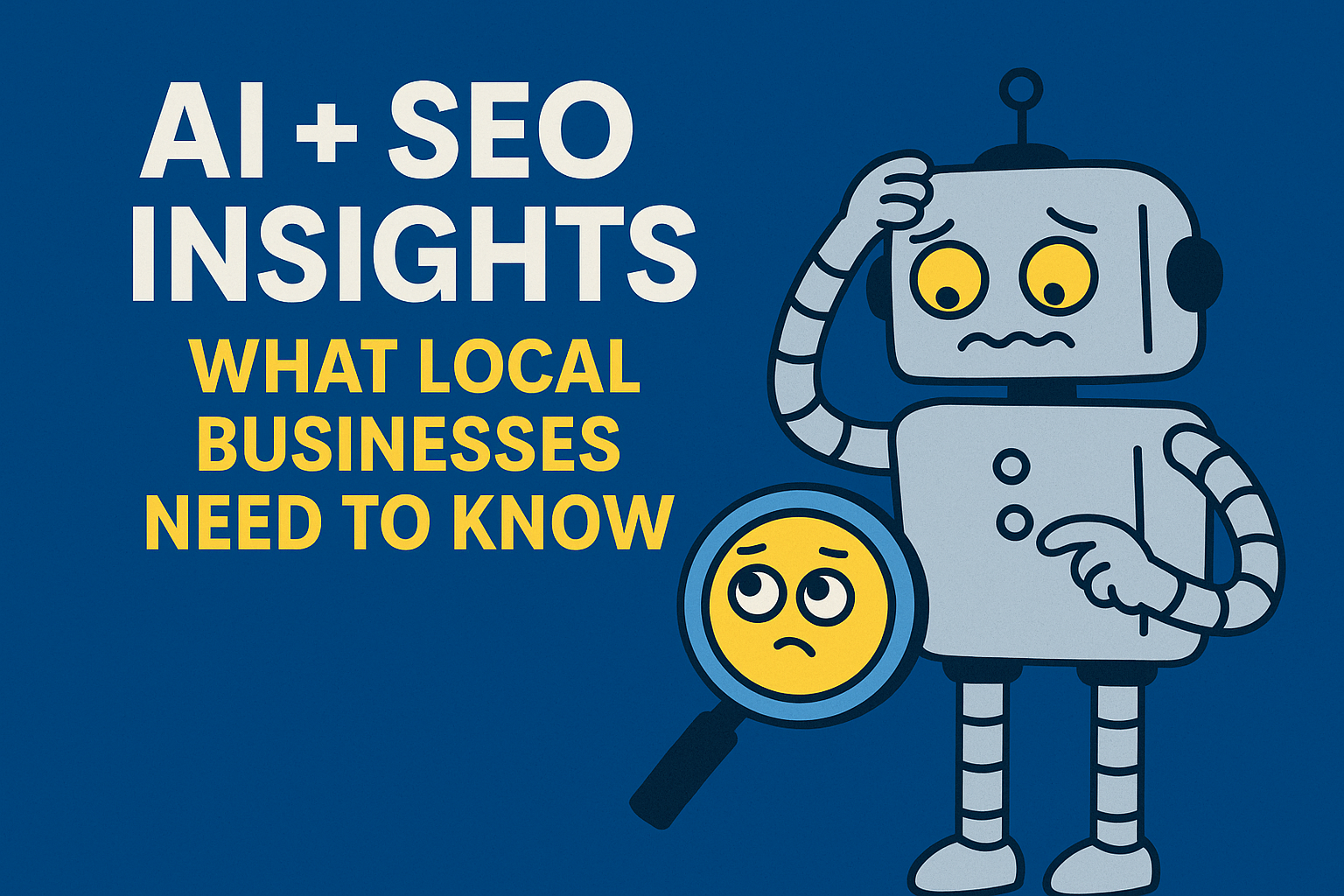 Cartoon robot and human marketer working side by side at a computer with charts, graphs, and search results on the screen. Text overlay: AI + SEO Insights