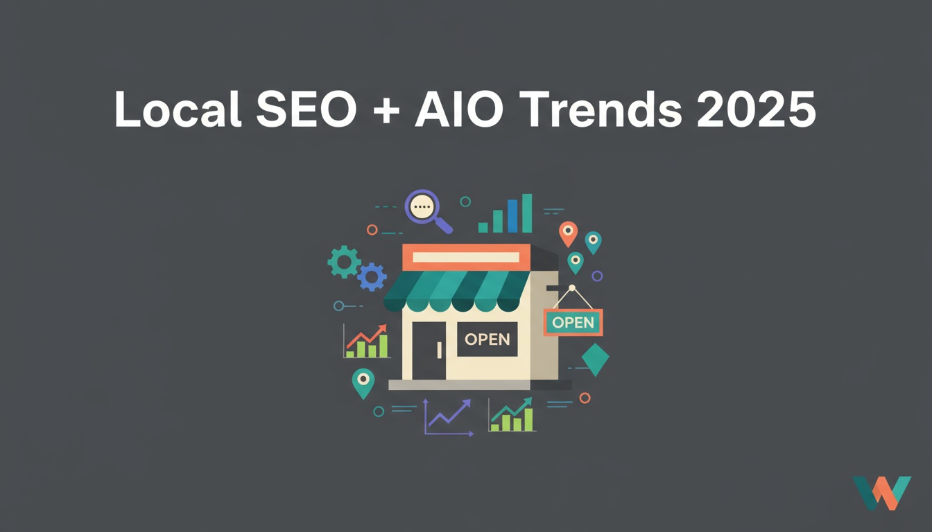 Flat digital illustration of a local business surrounded by AI and SEO icons, representing 2025 Local SEO and AIO trends.