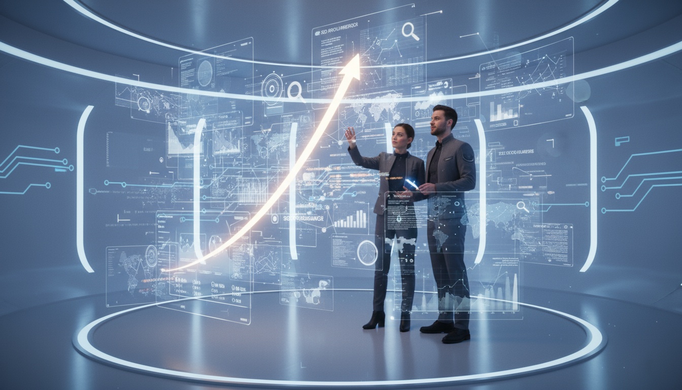 futurustic image of two people showing growth in charts