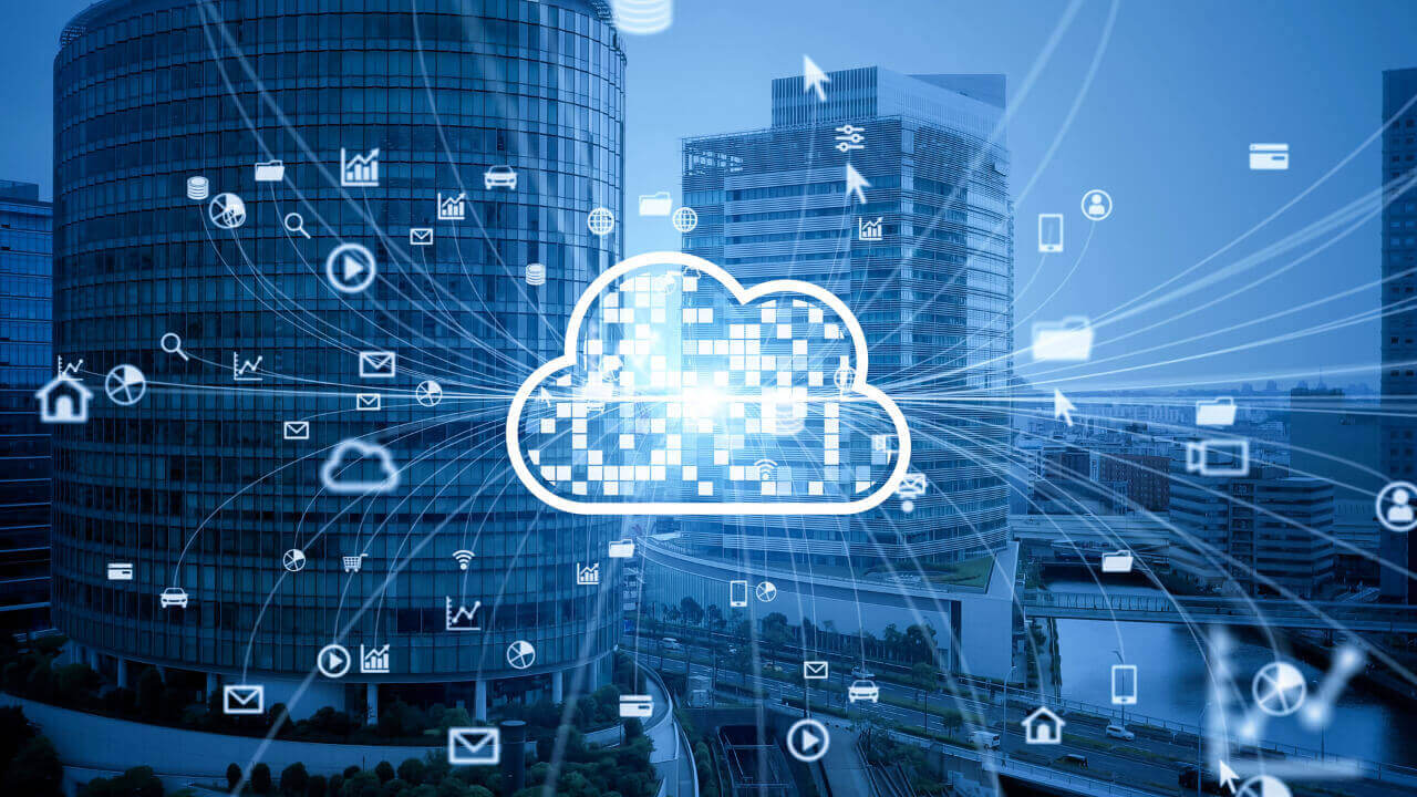 city background with interwoven web and cloud