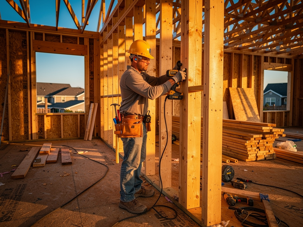 construction worker framing a home