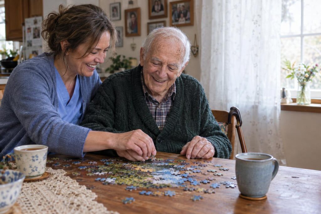 A caregiver smiles while helping an elderly man work on a jigsaw puzzle together at a wooden table, with family photos, tea cups, and a cane visible in a warm home setting.