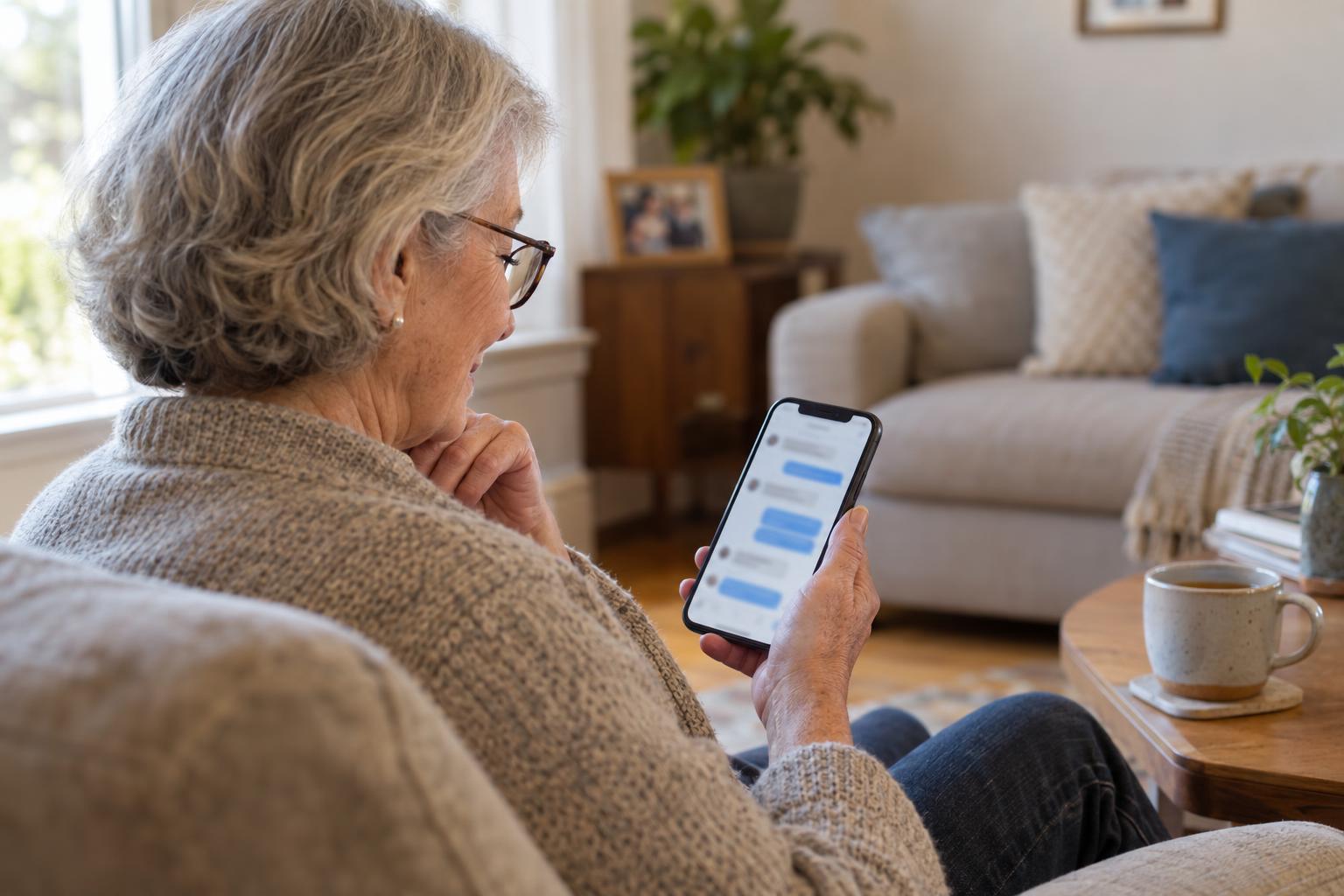 An older woman with glasses sits in a living room armchair, smiling as she reads a text conversation on her smartphone, with a mug of tea on the side table nearby.