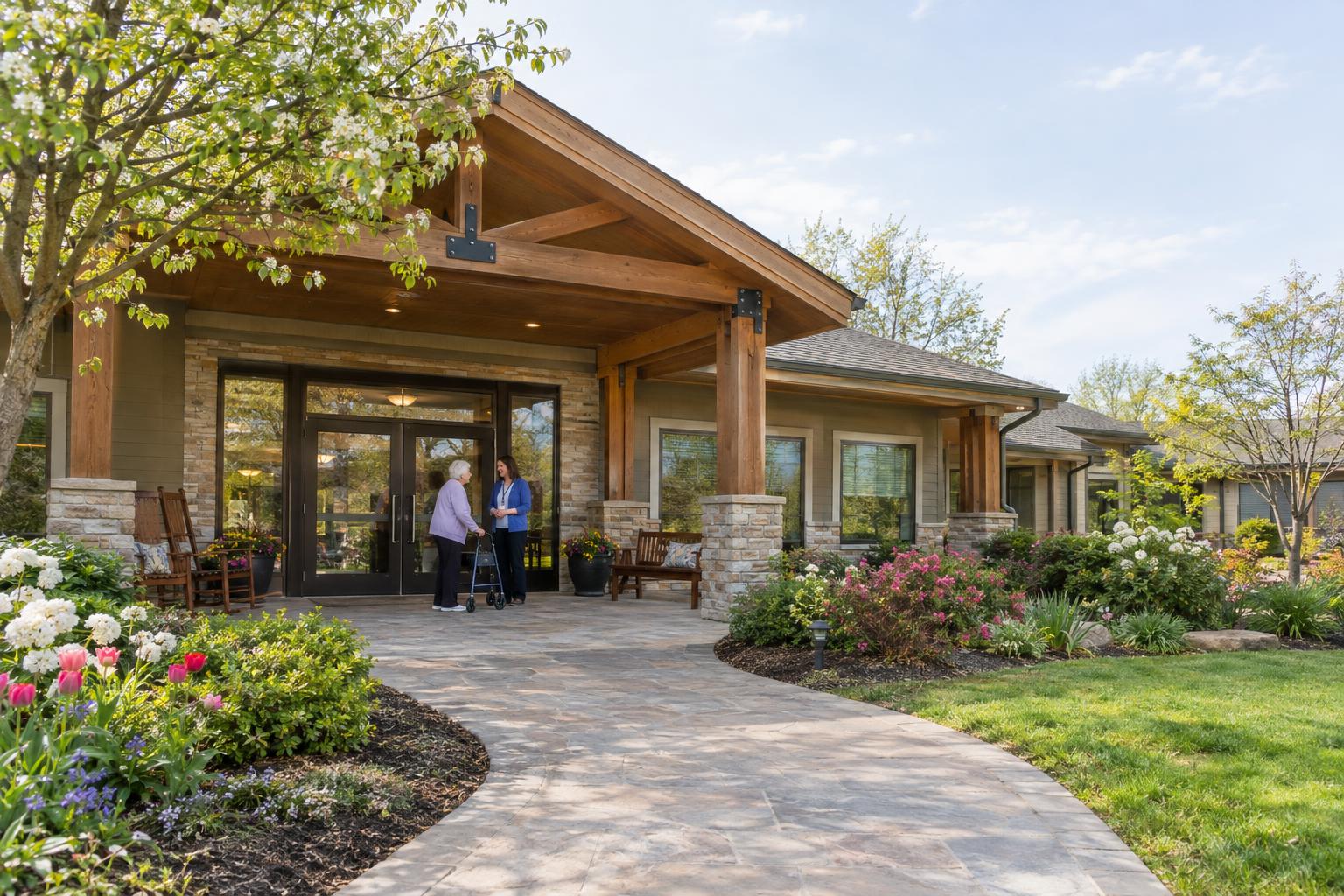 A senior resident using a walker chats with a caregiver outside a senior living community’s entrance, with a stone and timber covered porch, rocking chairs, and spring flowers in bloom along the walkway.