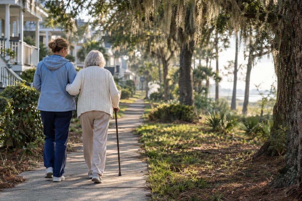 Seen from behind, a caregiver walks arm in arm with an elderly woman using a cane along a tree-lined path draped in Spanish moss, with coastal homes and water visible in the background.