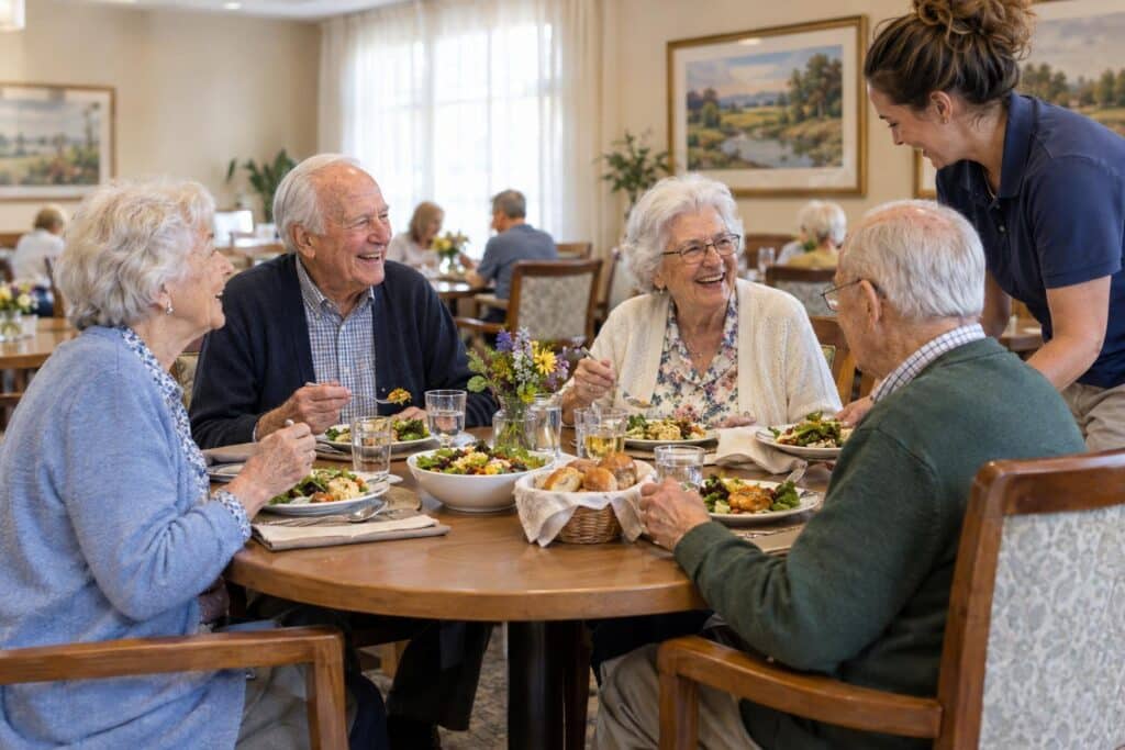 Four senior residents share a laugh over lunch at a round dining table set with salads, bread, and fresh flowers, while a caregiver leans in to assist in a bright senior living dining room.