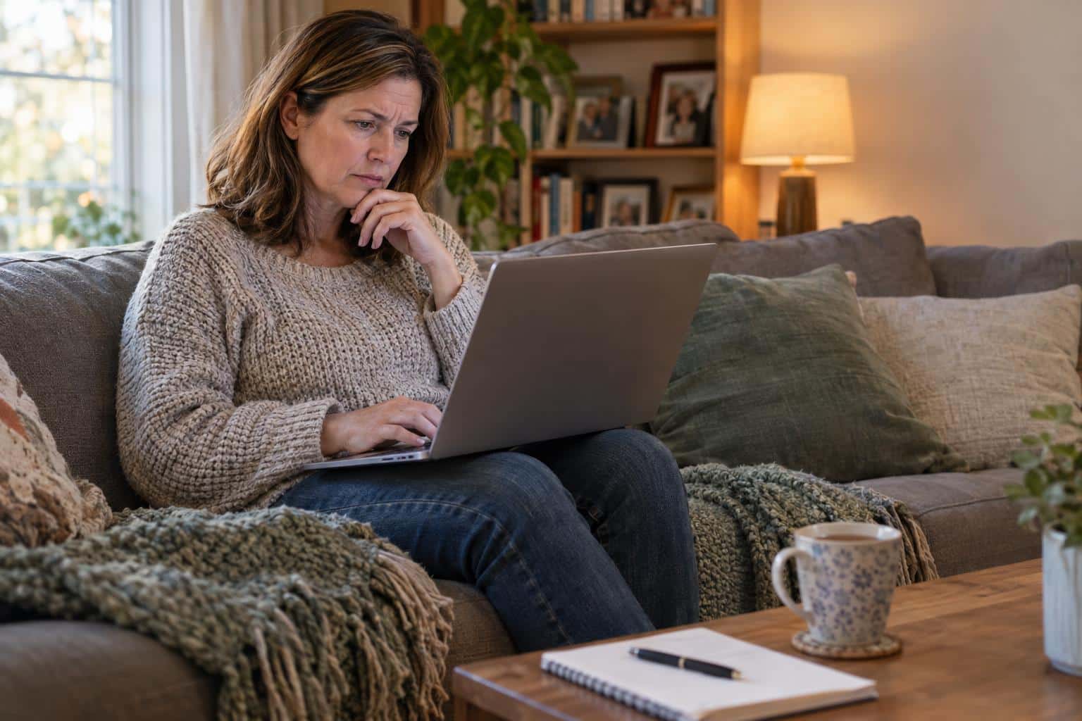A woman sits on a living room couch with a laptop on her knees, brow furrowed in concern as she researches something online, with a notebook and a mug of tea on the coffee table nearby.